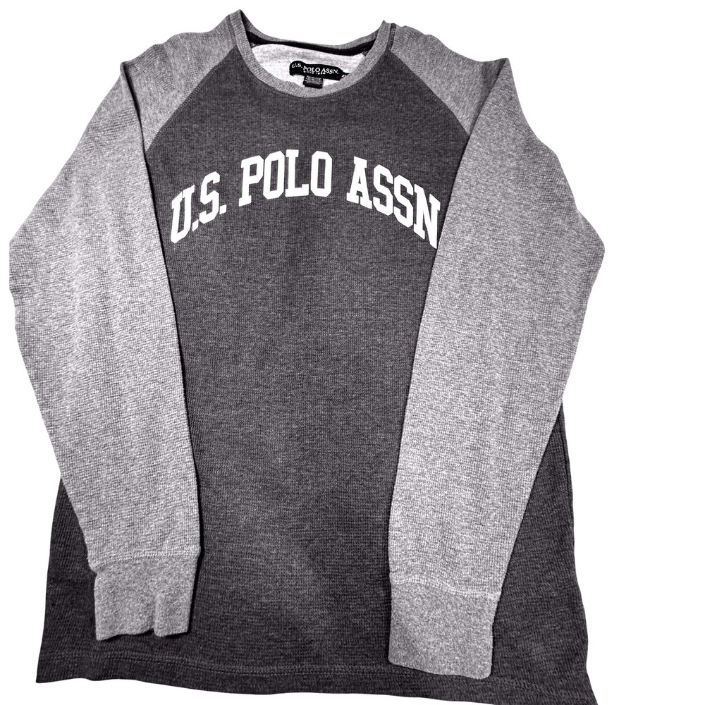 US Polo Assn Mens XL Thermal Shirt Blue Grey Raglan Waffle Knit Long Sleeve Logo
